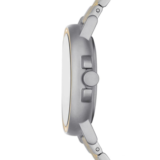 Side view of SKAGEN DENMARK Mod. SIGNATUR SPORT wristwatch with stainless steel case and bracelet, quartz movement, 5 ATM water resistance.