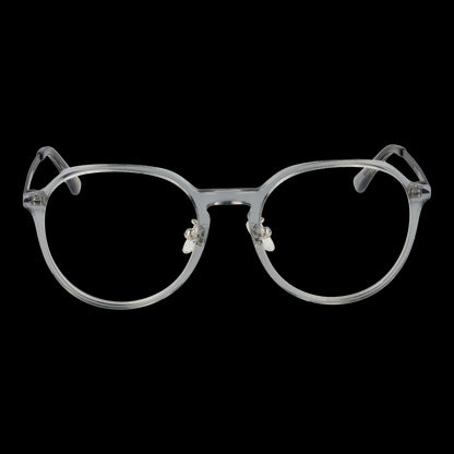 Clear round eyeglasses with transparent frame on black background.
