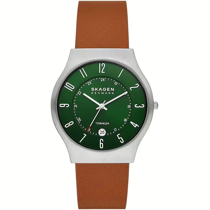 SKAGEN DENMARK Mod. SUNDBY TITANIUM wristwatch with green dial, 40mm titanium case, brown leather strap, quartz movement, water resistant.