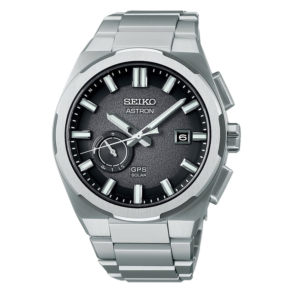 SEIKO ASTRON Mod. SOLAR GPS wristwatch with titanium case and bracelet, featuring solar movement and sapphire dial, in official box.