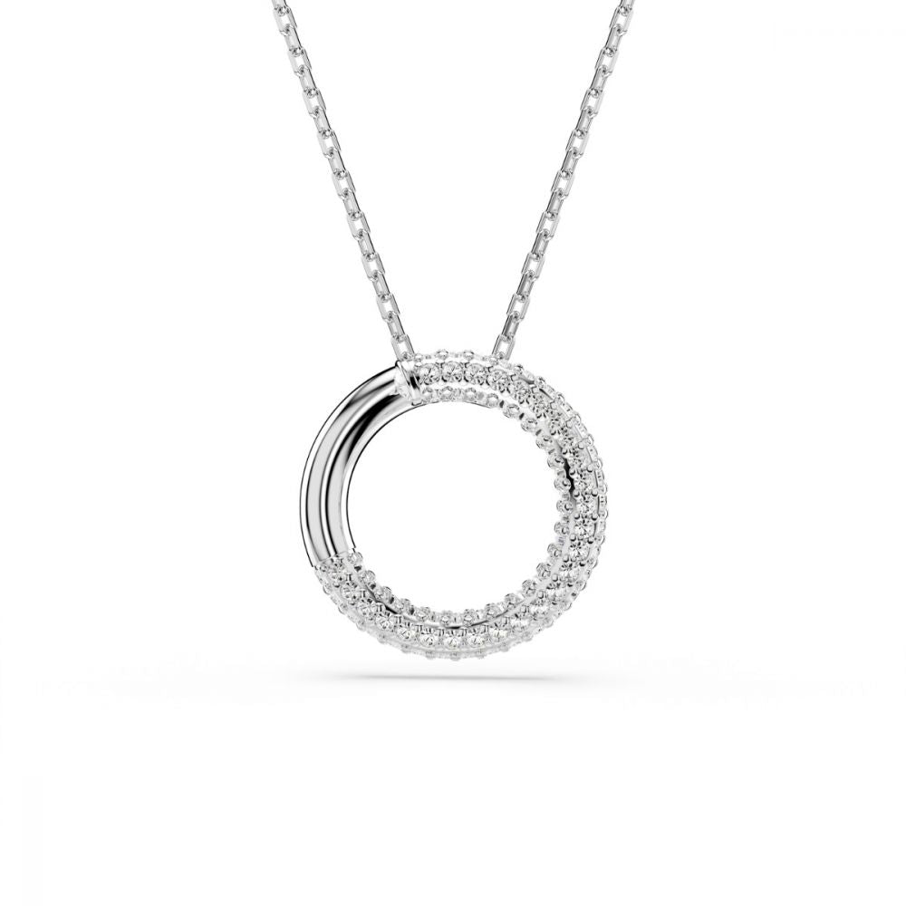 Elegant silver necklace with circular pendant featuring sparkling stones, perfect for fashion-forward individuals seeking timeless style.