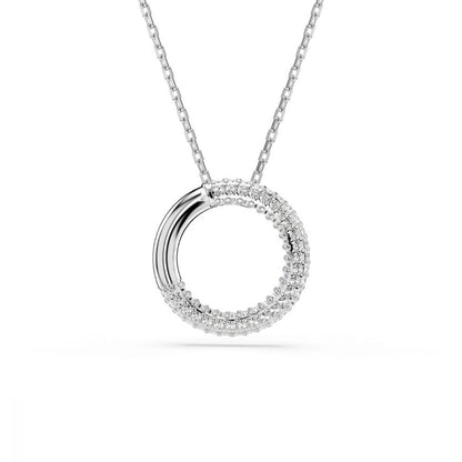Elegant silver necklace with circular pendant featuring sparkling stones, perfect for fashion-forward individuals seeking timeless style.