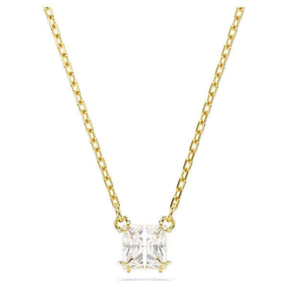 Elegant gold chain necklace with square-cut gemstone pendant displayed against a white background, highlighting intricate design and luster.