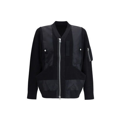 Sacai Black Cotton Bomber jacket with double-slider front zipper and ribbed trim, showcasing modern style and functionality.