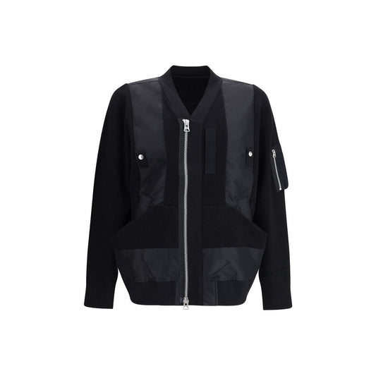 Sacai Black Cotton Bomber jacket with double-slider front zipper and ribbed trim, showcasing modern style and functionality.