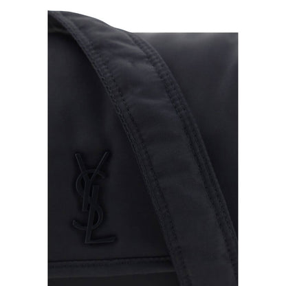 Close-up of the iconic YSL logo on a Saint Laurent Black Polyamide Shoulder Bag, showing details of its stylish design.