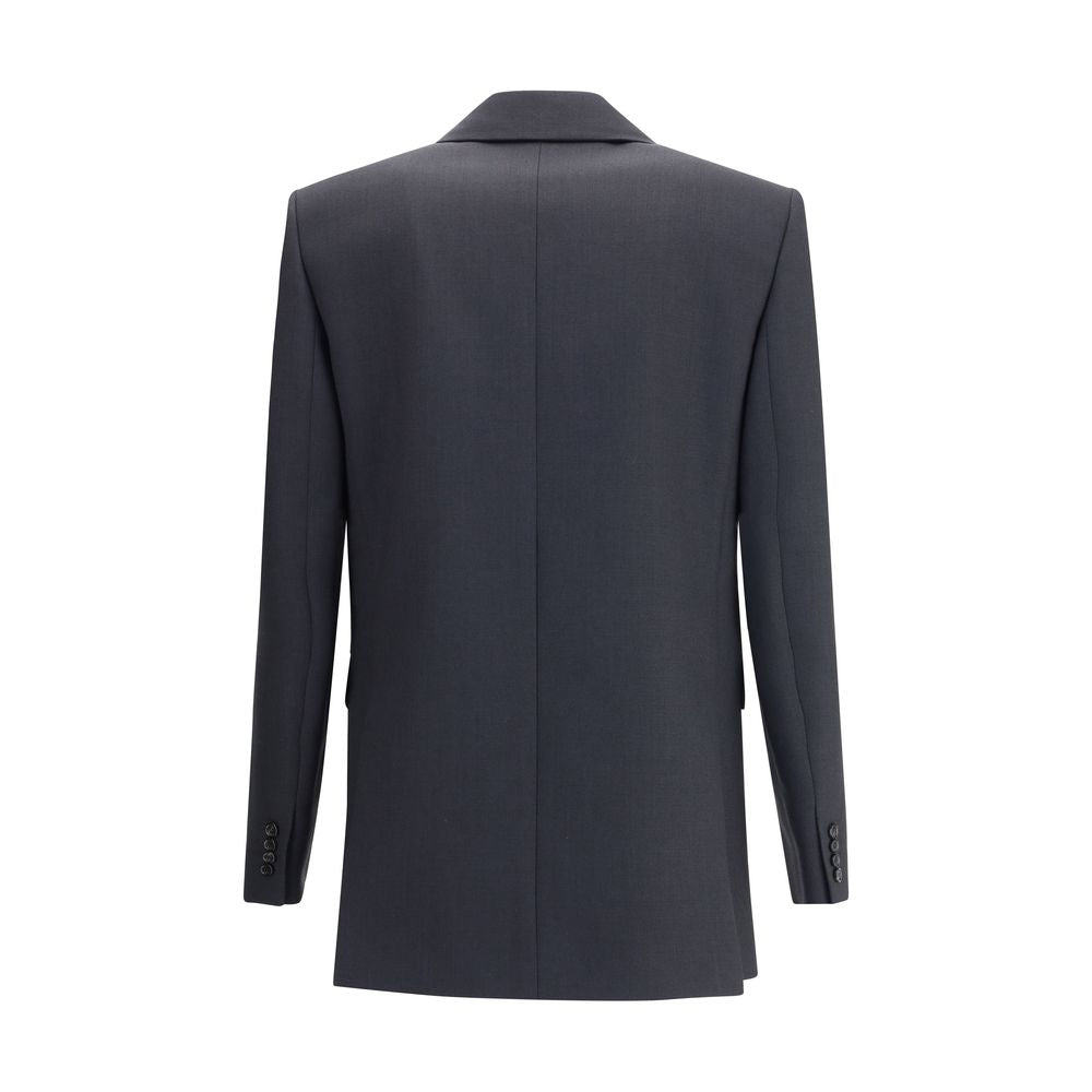 Back view of Saint Laurent Black Wool Clothing double-breasted blazer with peaked lapels and oversized fit, composed of 100% wool.