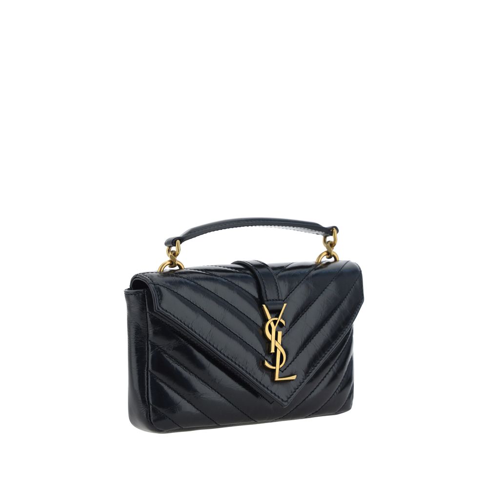 Saint Laurent Logoed Shoulder Bag with embossed YSL logo and chain strap. Elegant black leather for luxury and functionality.