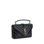Saint Laurent Logoed Shoulder Bag with embossed YSL logo and chain strap. Elegant black leather for luxury and functionality.