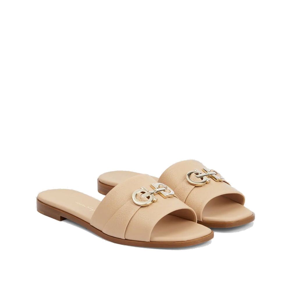 Salvatore Ferragamo Beige Calfskin Flat Sandals Salvatore Ferragamo