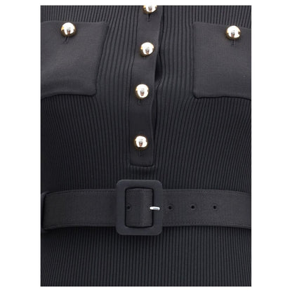 Close-up of Self-Portrait Black Viscose Casual Dress with gold buttons and belt detail