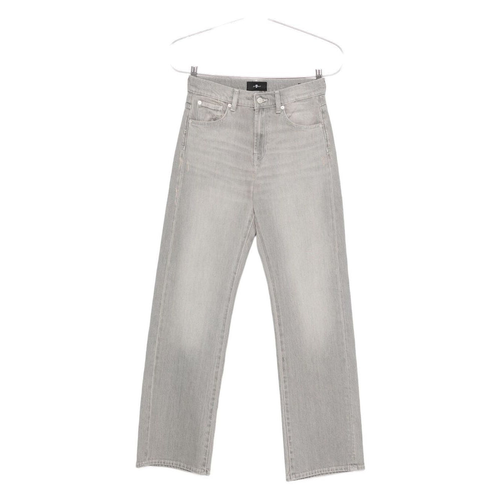 Alt Tag: Seven Jeans Grey straight leg denim pants with five-pocket styling and button fly, featuring wide-leg and belt loops.