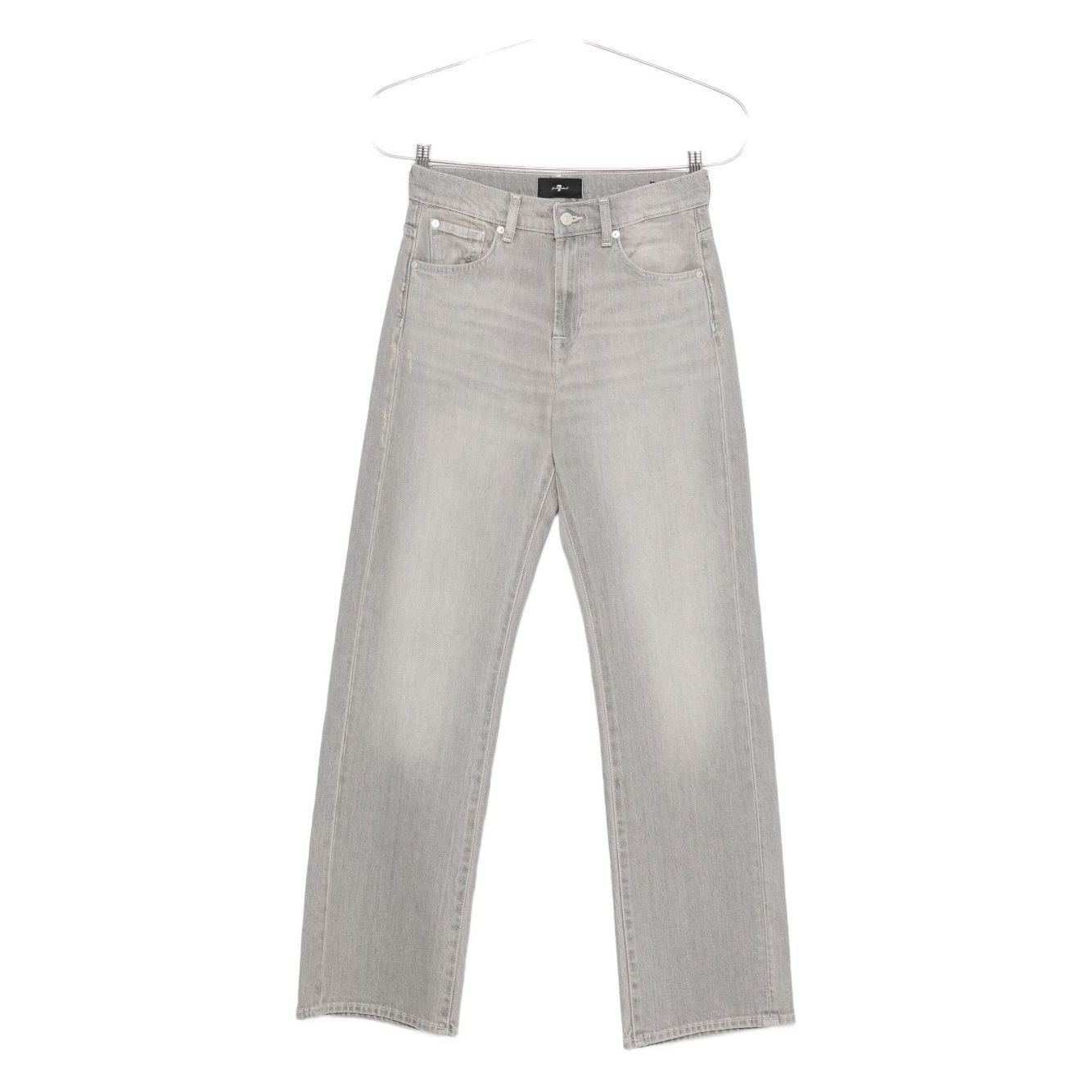 Alt Tag: Seven Jeans Grey straight leg denim pants with five-pocket styling and button fly, featuring wide-leg and belt loops.