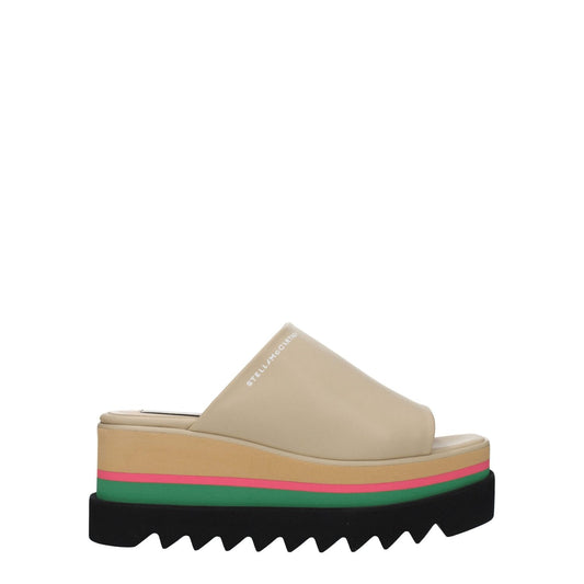 Stella McCartney Beige Leather Slippers, eco-friendly open-toe wedges with side logo and multicolored rubber sole, casual style.