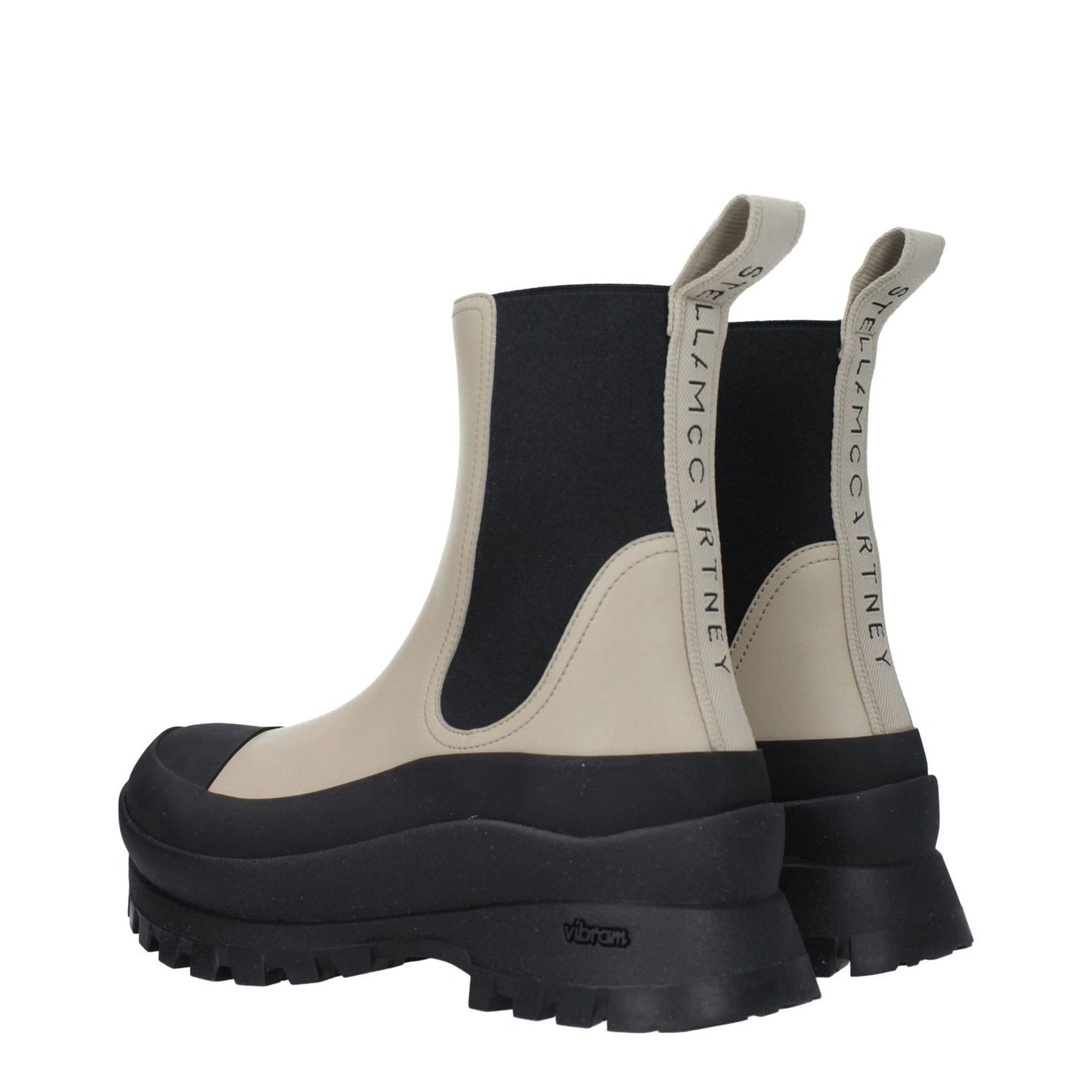 Stella McCartney Black Leather Ankle Boots back view with eco leather and logo, featuring rubber soles and mid heels.