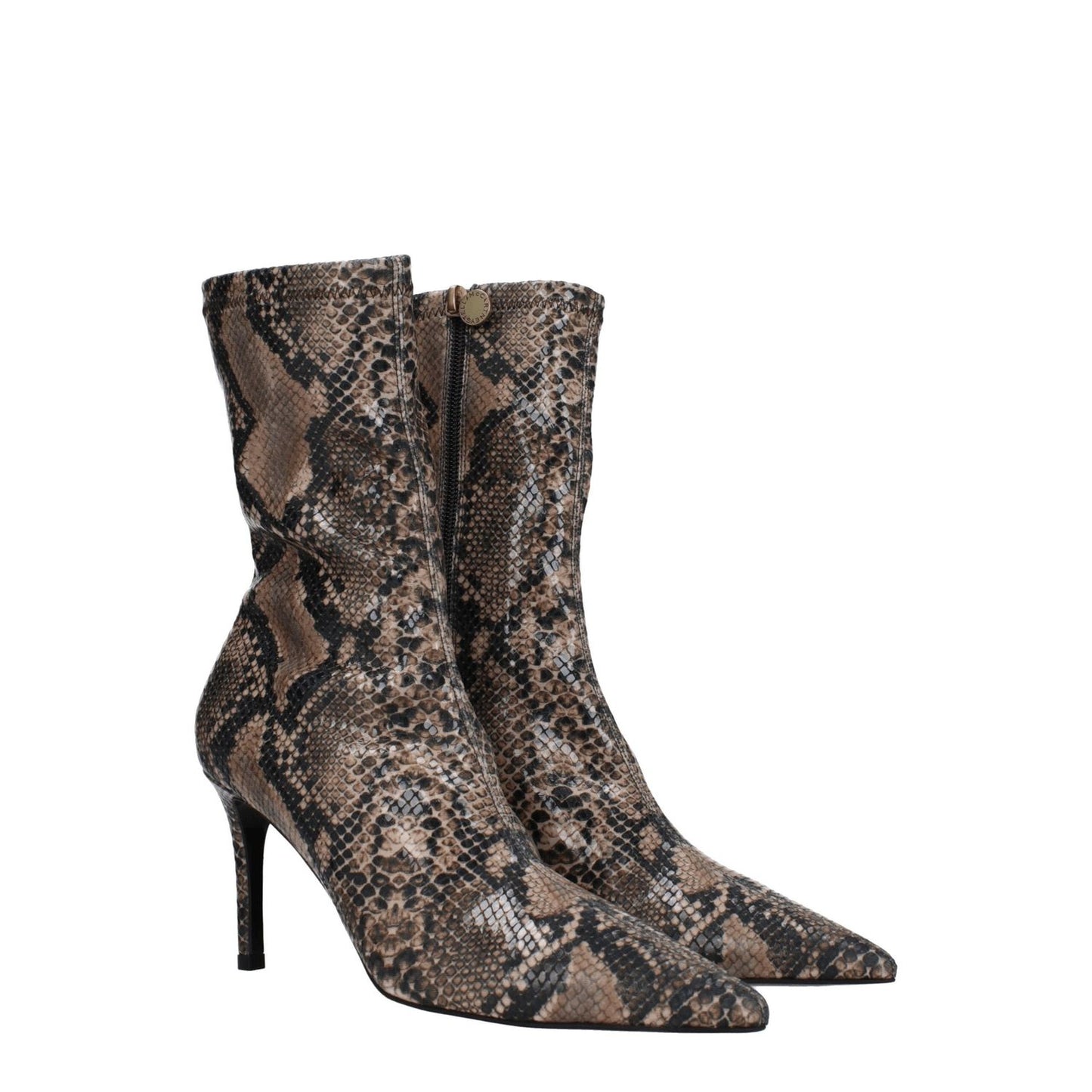 Stella McCartney Brown Leather Ankle Boots with python print, eco leather, pointy toe, mid heels, and zip closure.