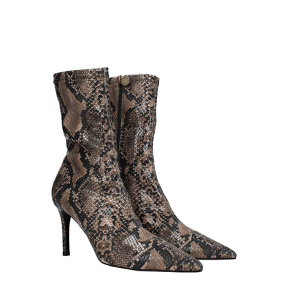 Stella McCartney Brown Leather Ankle Boots with python print, eco leather, pointy toe, mid heels, and zip closure.