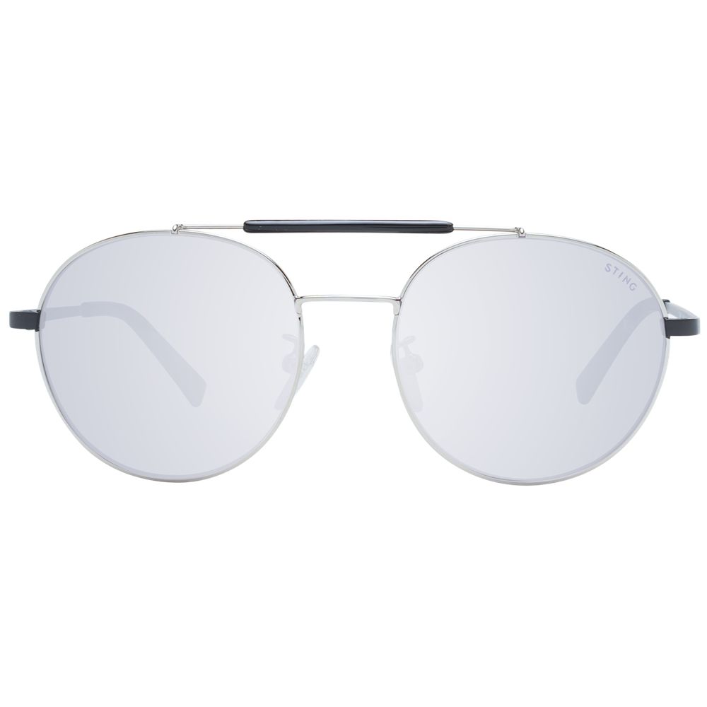 Sting Gray Men Sunglass, grey metal aviator frame with full-rim mirrored lenses, 100% UVA/UVB protection, includes branded case.