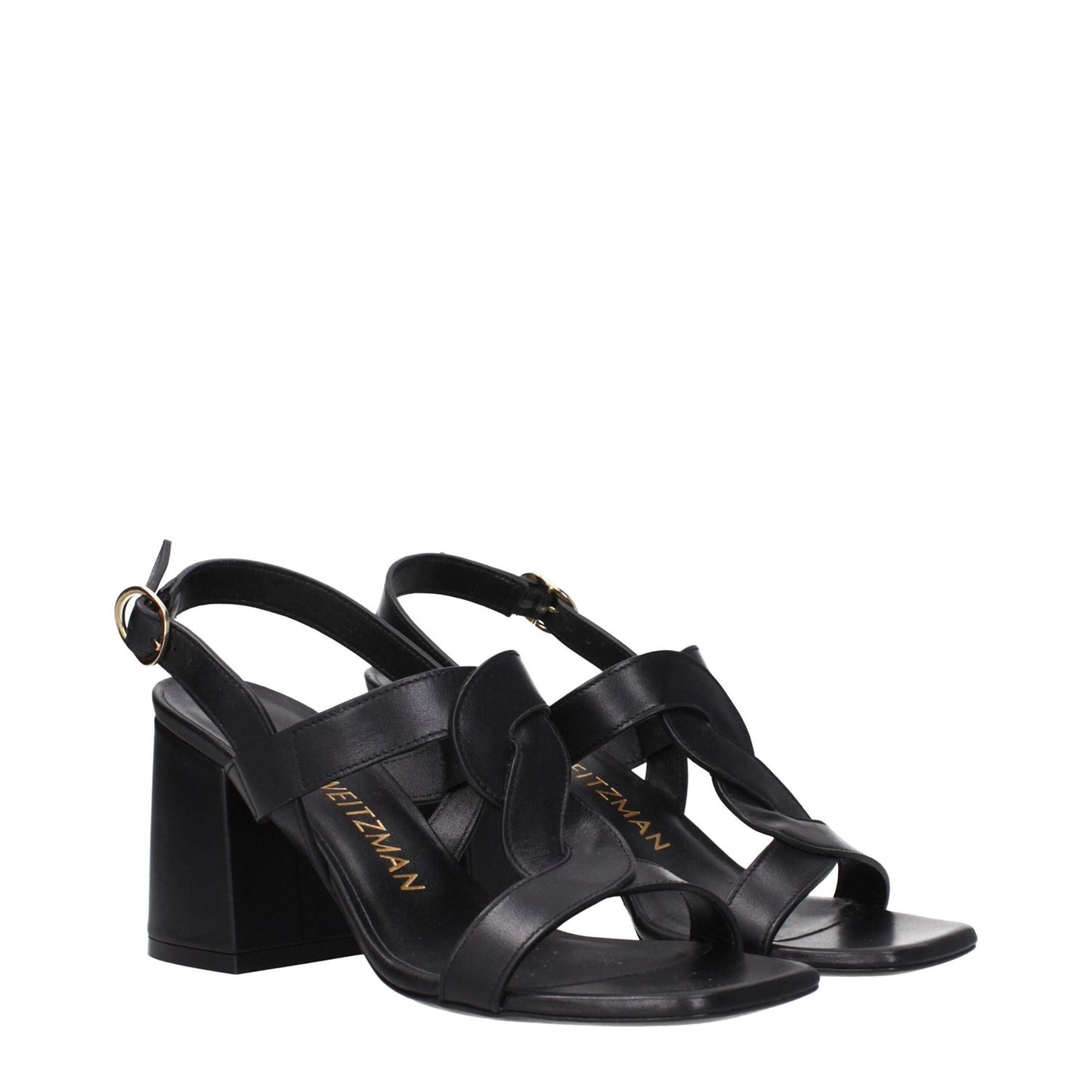 Stuart Weitzman Black Leather Platform Sandals with buckle closure and open toe, mid heels, perfect for casual style.