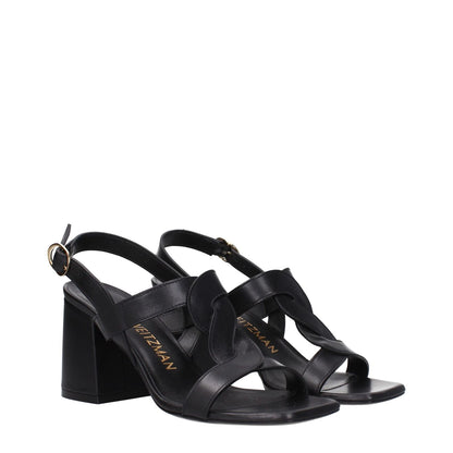 Stuart Weitzman Black Leather Platform Sandals with buckle closure and open toe, mid heels, perfect for casual style.
