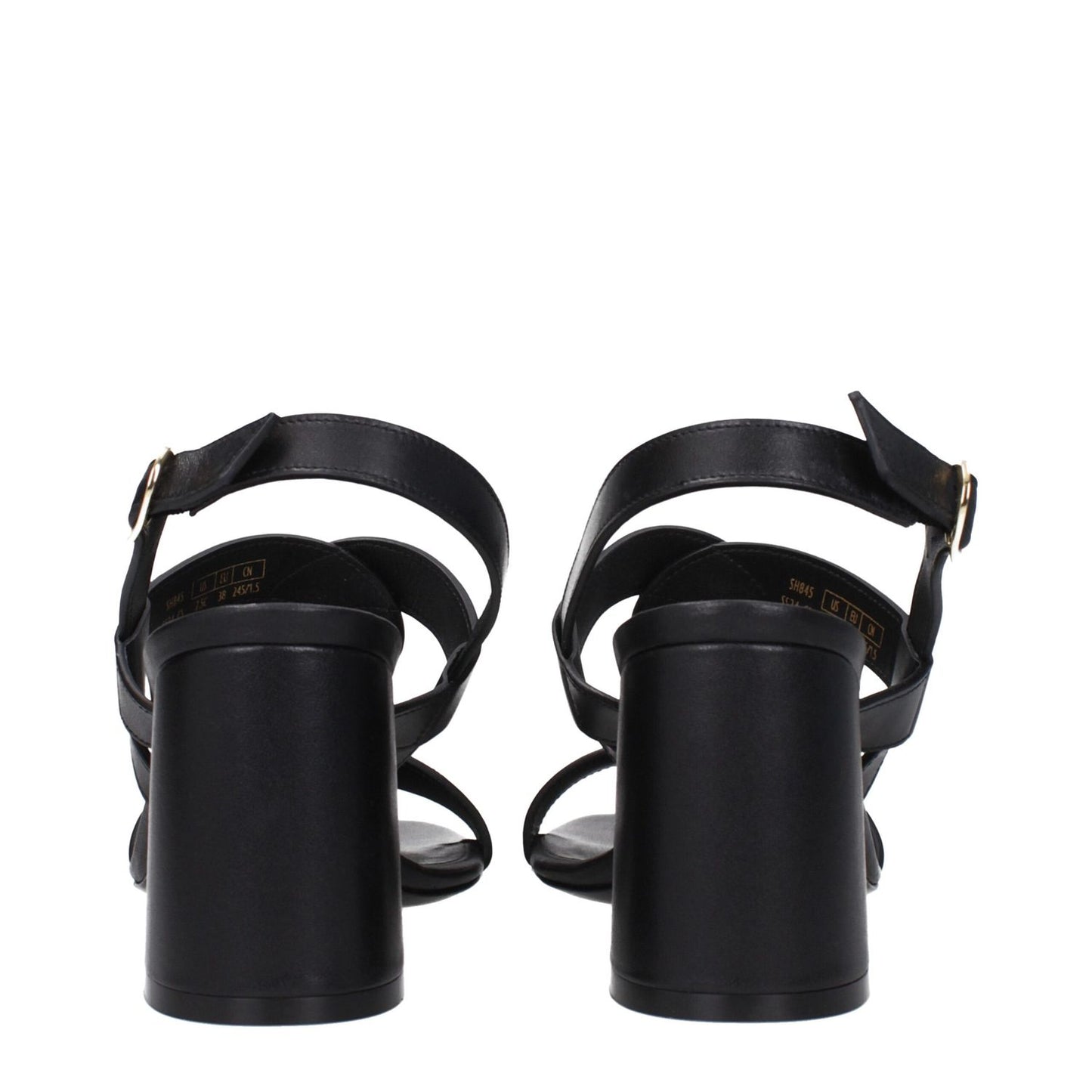 Rear view of Stuart Weitzman Black Leather Platform Sandals with buckle closure and mid heels.