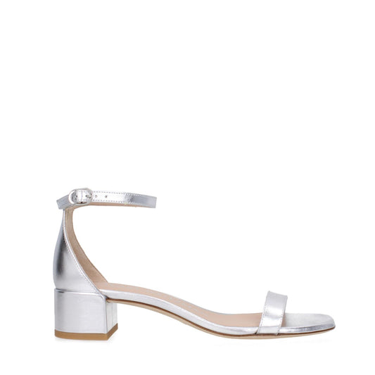 Stuart Weitzman Gray Leather Flat Sandals with buckle closure and mid heels, showcasing open toe design and leather sole.
