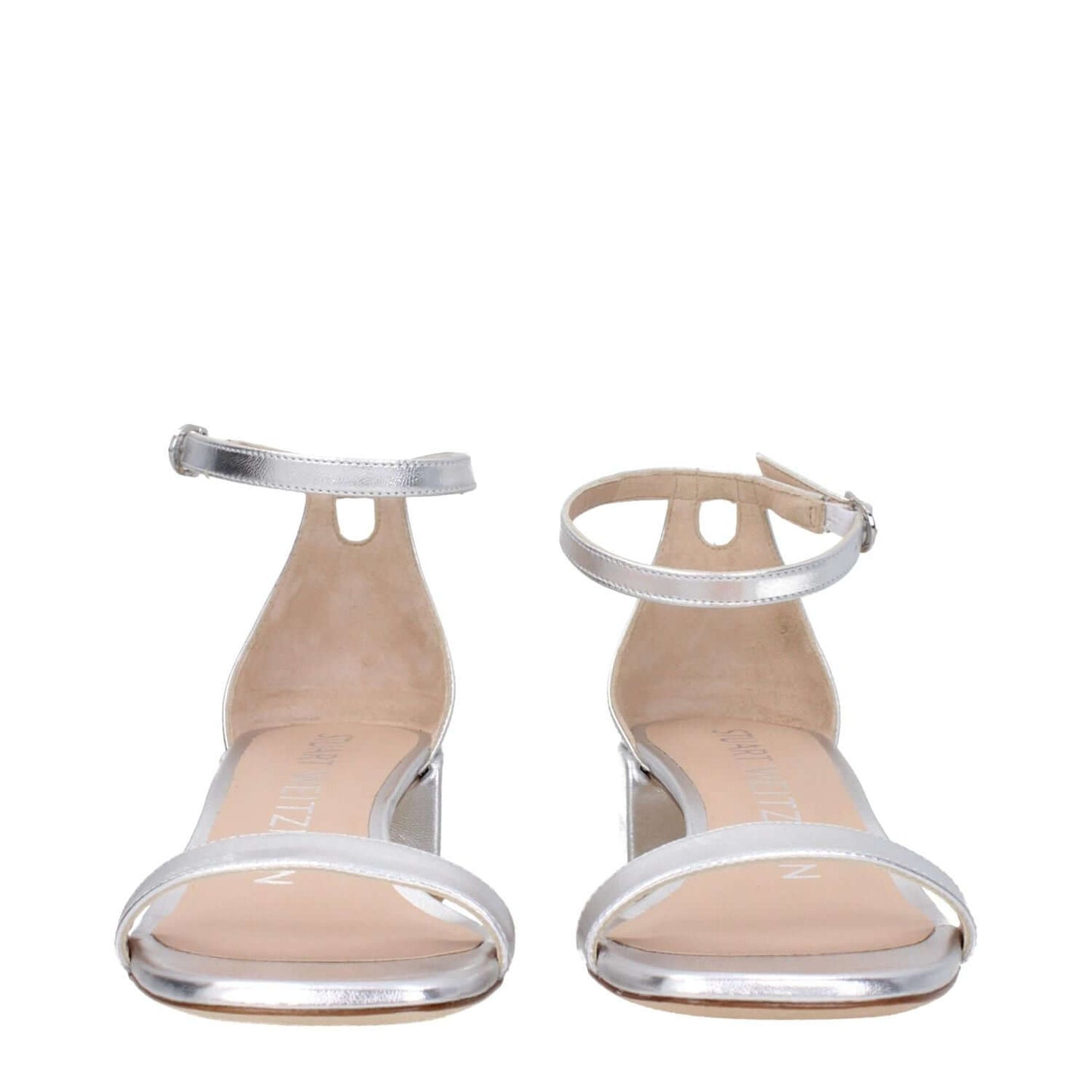 Stuart Weitzman Gray Leather Sandals, silver open-toe design with buckle closure and mid heels, style code NUDISTCURVE35LIDSA535SILVER.