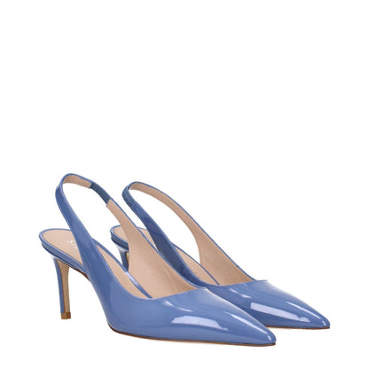 Stuart Weitzman Light Blue Leather High Heel Pumps with pointy toe and mid heels, style STUART75PATSC423BLUESTEEL, front view.