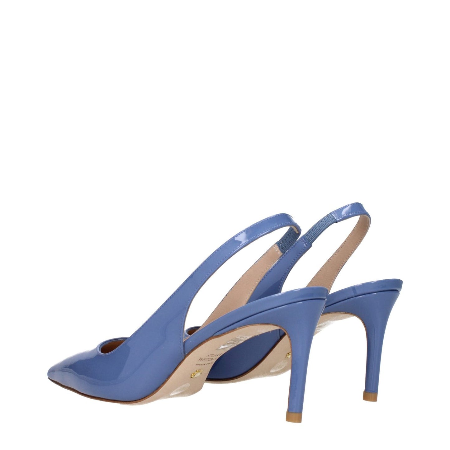 Stuart Weitzman Light Blue Leather High Heel Pumps with pointy toe and mid heels, designed in patent leather, viewed from the back.