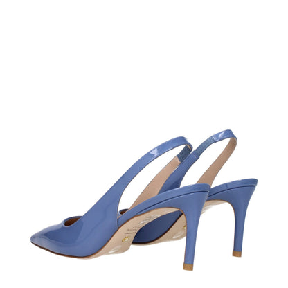 Stuart Weitzman Light Blue Leather High Heel Pumps with pointy toe and mid heels, designed in patent leather, viewed from the back.