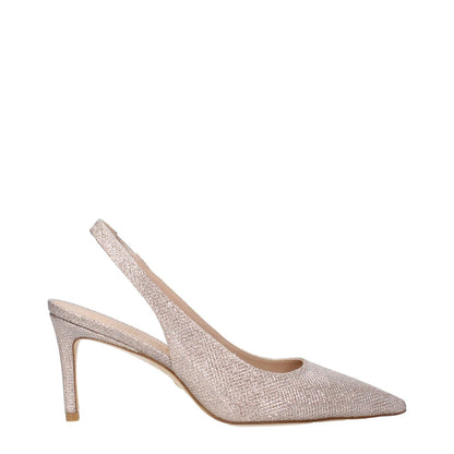 Stuart Weitzman Pink Fabric High Heel Pumps with metallic effect, pointy toe, mid heels, and 7.5 cm heel height, side view.