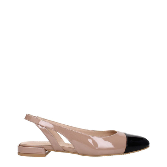 Stuart Weitzman Pink Leather Ballet Flats with patent design, round toe, rubber sole, and fawn black detail, style code F80699.
