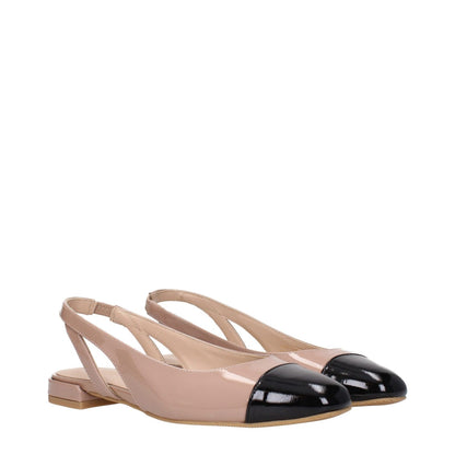 Stuart Weitzman Pink Leather Ballet Flats with round toe and low heel in patent leather and fawn secondary color.