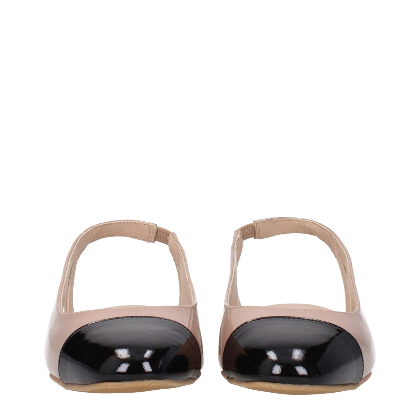 Stuart Weitzman Pink Leather Ballet Flats with black patent toe, casual style, rubber sole, and round toe design.