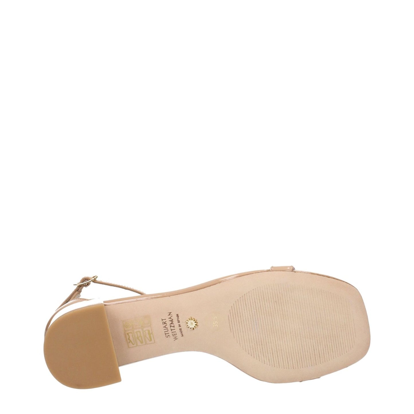 Underside view of Stuart Weitzman Pink Leather Flat Sandals with buckle closure, leather sole, open toe, and 3.5 cm mid heel.