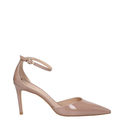 Stuart Weitzman Pink Leather Stiletto Heel Sandals with buckle closure and pointy toe, showcasing an 8.5 cm mid heel design.