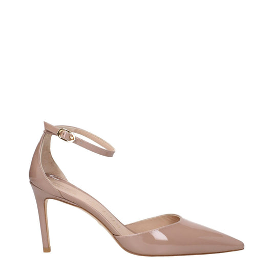 Stuart Weitzman Pink Leather Stiletto Heel Sandals with buckle closure and pointy toe, showcasing an 8.5 cm mid heel design.