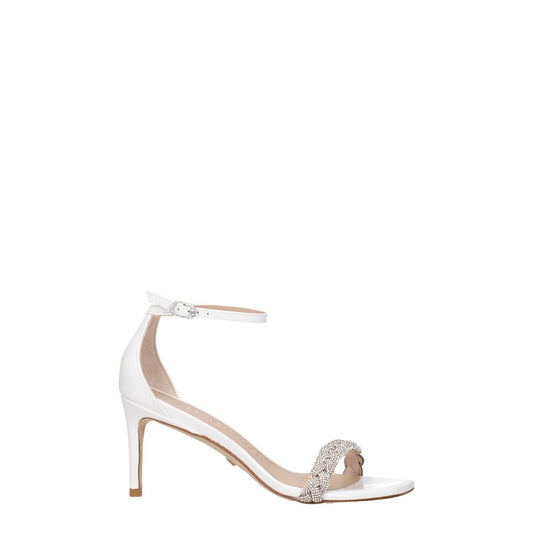 Stuart Weitzman White Leather Stiletto Heel Sandals with open toe design, buckle closure, and crystal embellishments, mid heels, side view.