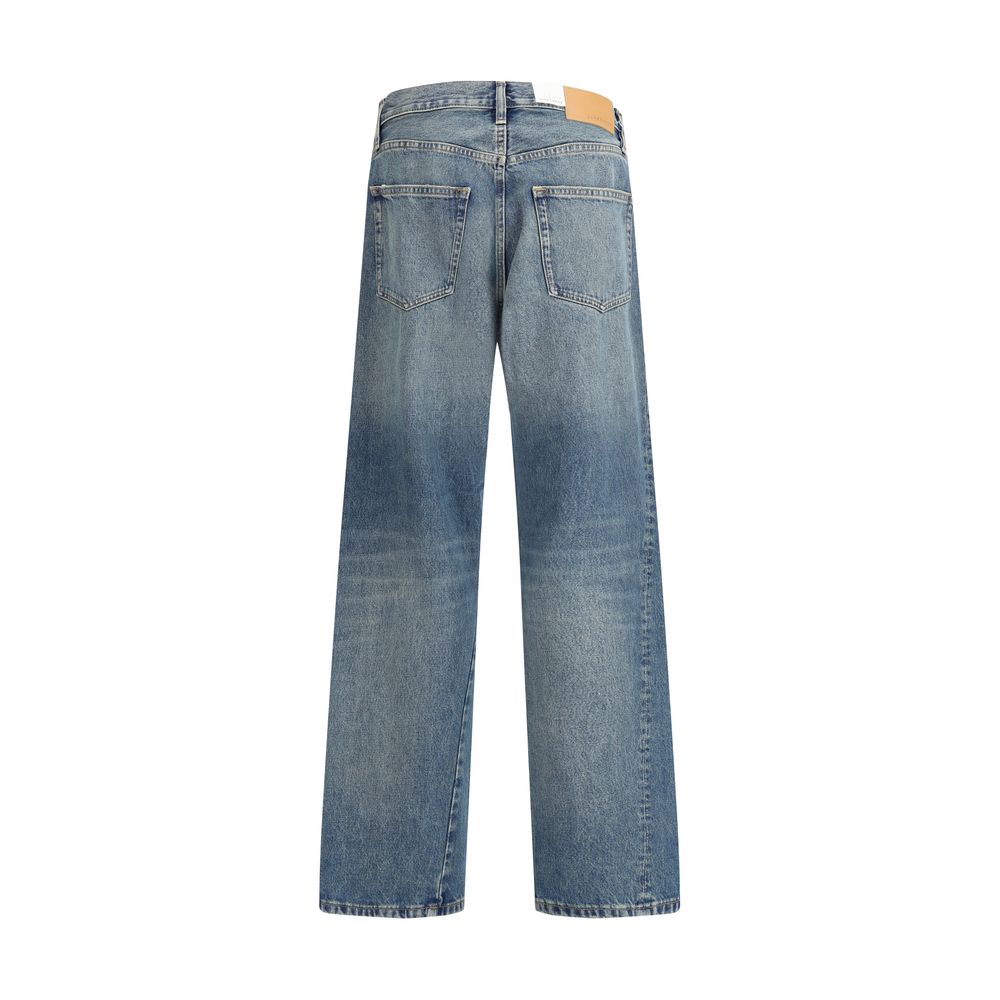 Sunflower Blue Cotton Jeans Denim featuring wide twist design with vintage wash and recycled metal trim, back view.