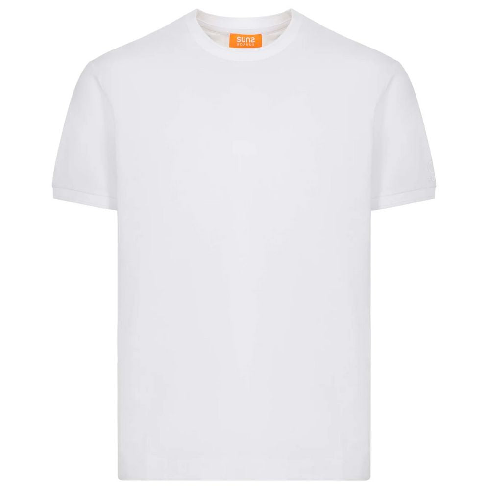 Suns White Cotton T-Shirt with crew neck and elasticated sleeves showcasing logo on left sleeve.