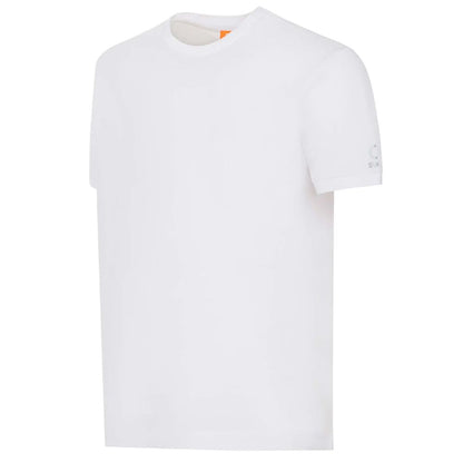 Suns White Cotton T-Shirt with crew neck, elasticated sleeves, and logo on left sleeve, made of stretchable cotton fabric.