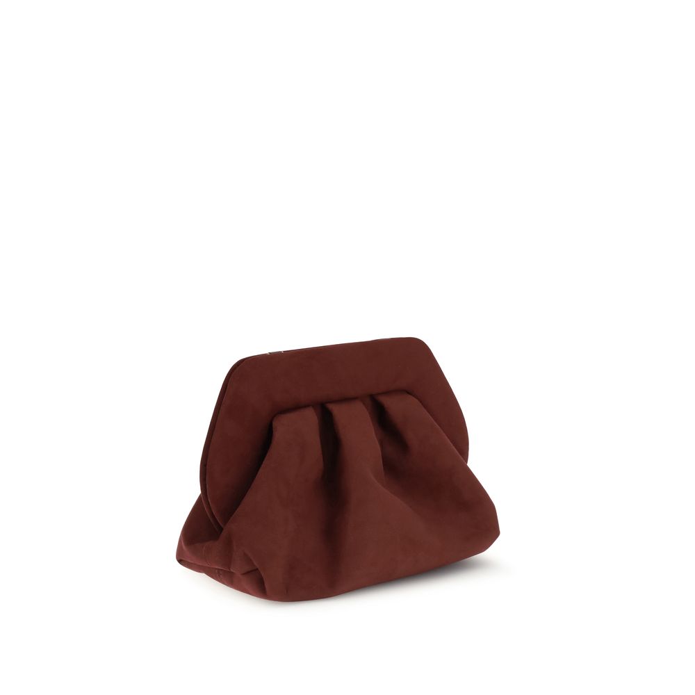 THEMOIRè Brown Other Fibres Clutch Bag with detachable shoulder strap, minimalist suede design, eco-friendly materials, secure magnetic closure.