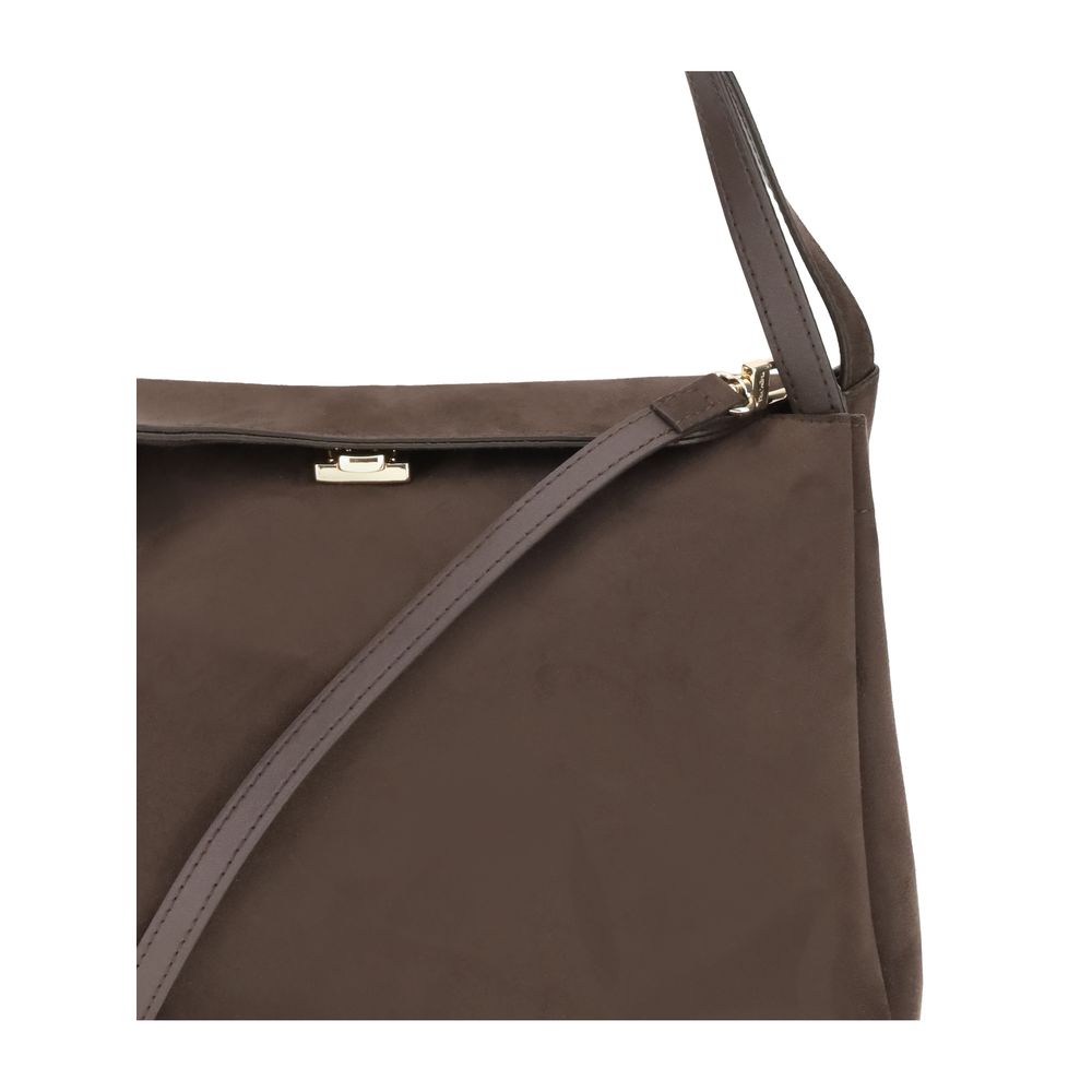 THEMOIRè Brown Other Fibres Shoulder Bag with adjustable strap and magnetic closure, featuring brass feet for protection, AW25 season style.