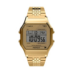 TIMEX Mod. T80 wristwatch, gold SS IP case and strap, quartz movement, alarm function, 3 ATM water resistance, displayed in official packaging.