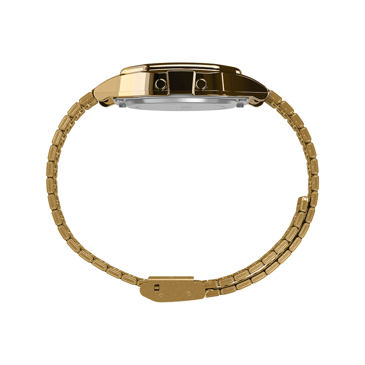 Side view of TIMEX Mod. T80 wristwatch in gold, featuring quartz movement, 42mm stainless steel case, 3 ATM water resistance, official box.