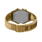 Back view of TIMEX Mod. T80 wristwatch with gold SS IP strap and case, showing clasp and water resistance features.