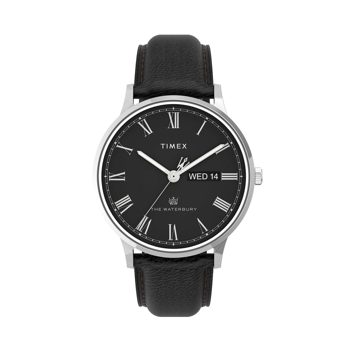 TIMEX Mod. WATERBURY CLASSIC wristwatch with a 40mm stainless steel case, black leather strap, quartz movement, displaying day and date.