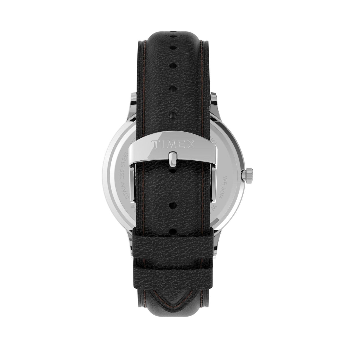 Rear view of TIMEX Mod. WATERBURY CLASSIC wristwatch showcasing the leather strap and stainless steel case