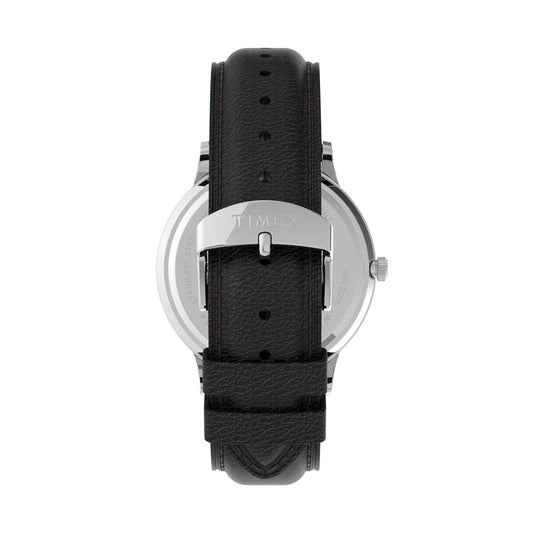 Back view of TIMEX Mod. WATERBURY CLASSIC with black leather strap and stainless steel case.