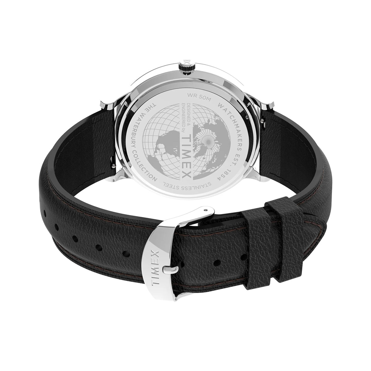 Back view of TIMEX Mod. WATERBURY CLASSIC wristwatch with leather strap and stainless steel case, showcasing the official engraving details.
